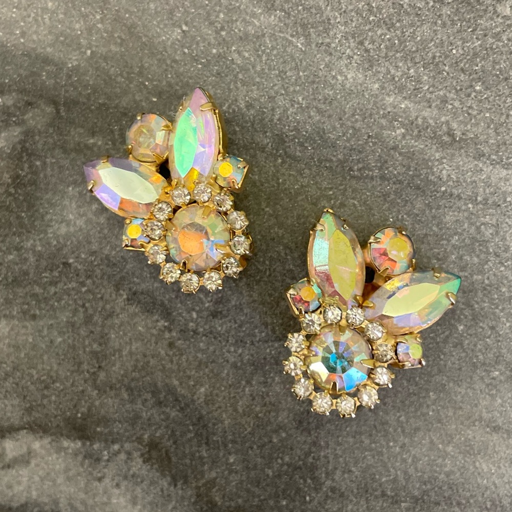 Vintage Iridescent Crystal Gold Clip On Earrings